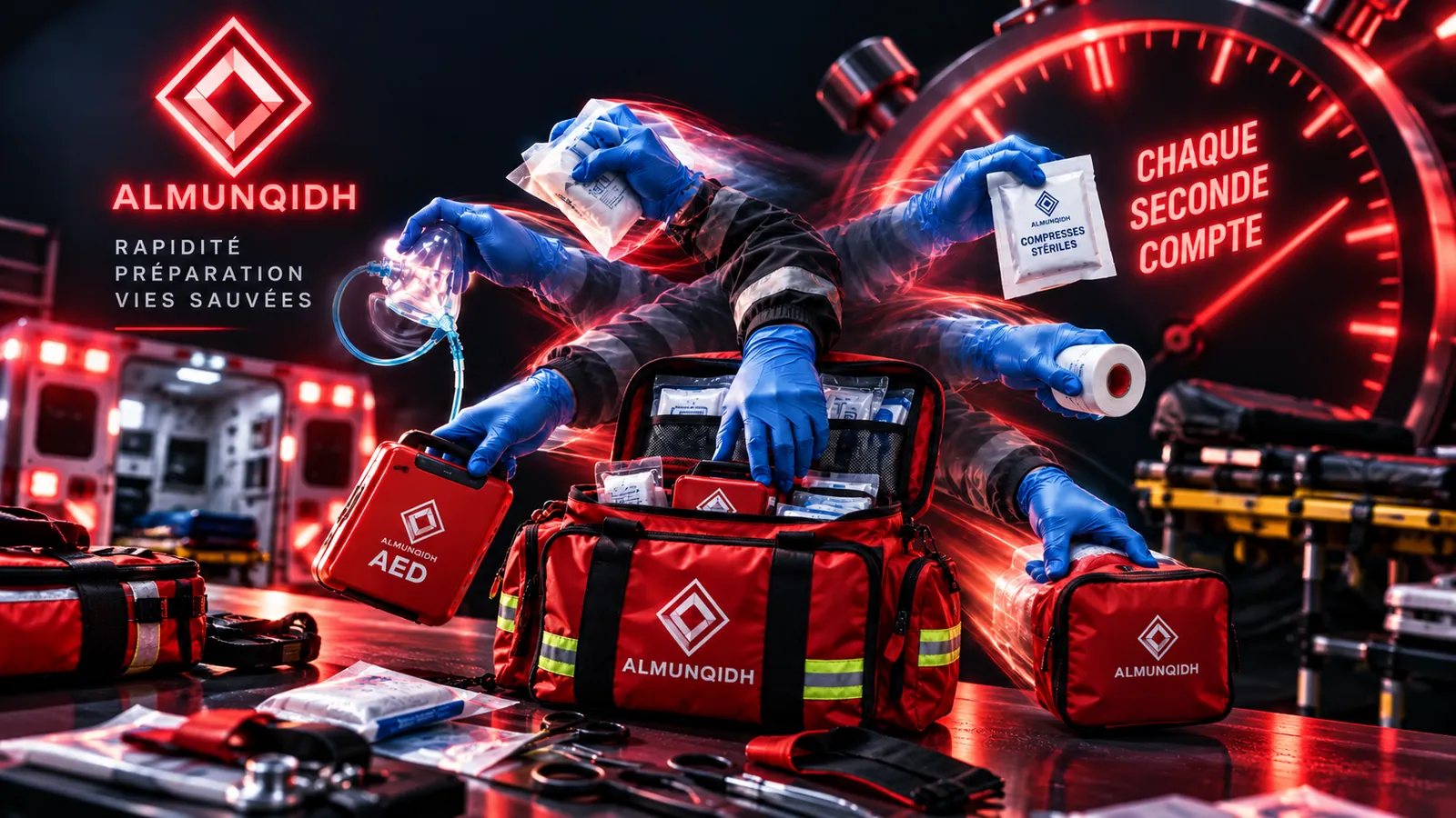 Mains gantées qui sortent en un éclair le matériel d’urgence d’un sac rouge ALMUNQIDH : défibrillateur, compresses, masque, bandes.