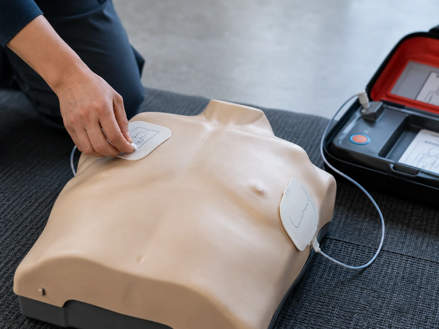 Défibrillateur ouvert et électrodes posées sur un mannequin pendant un exercice.