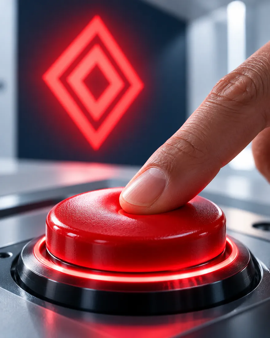 Doigt appuyant sur un bouton d'alarme rouge.