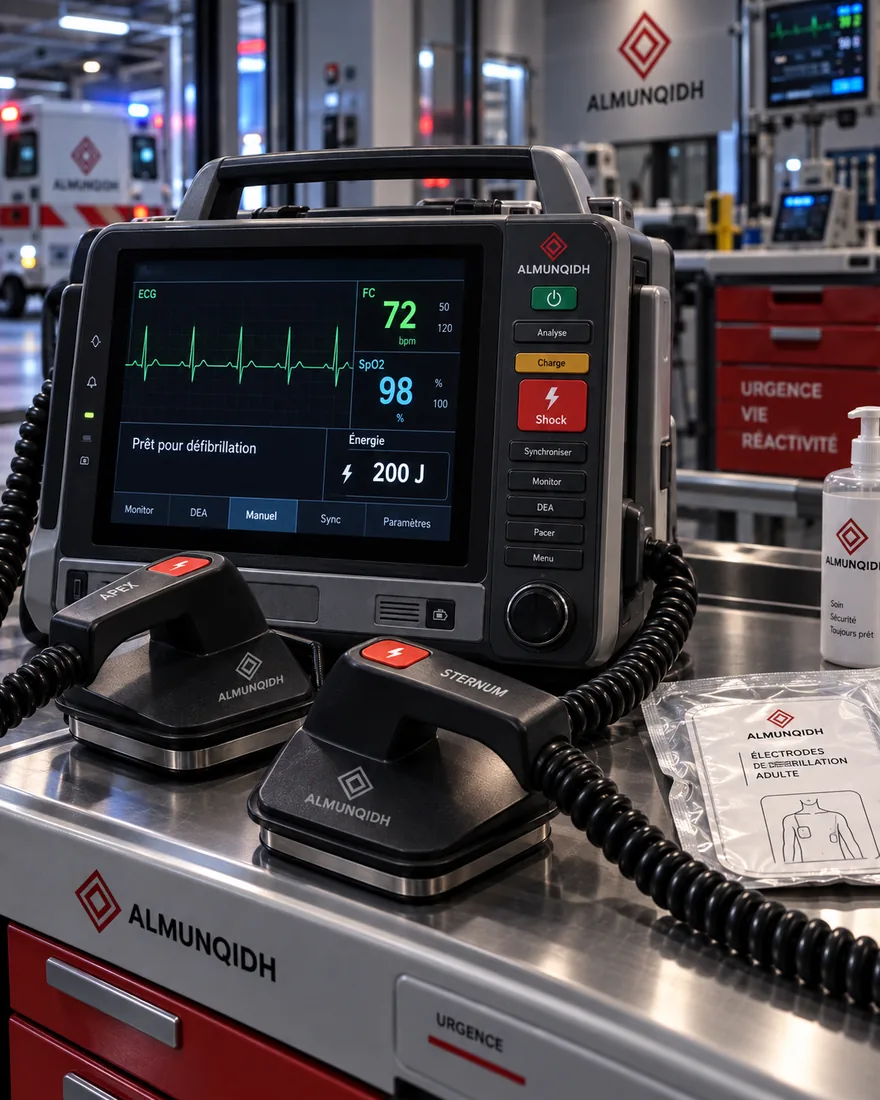 Défibrillateur prêt, palettes et électrodes posées sur un chariot d'urgence.