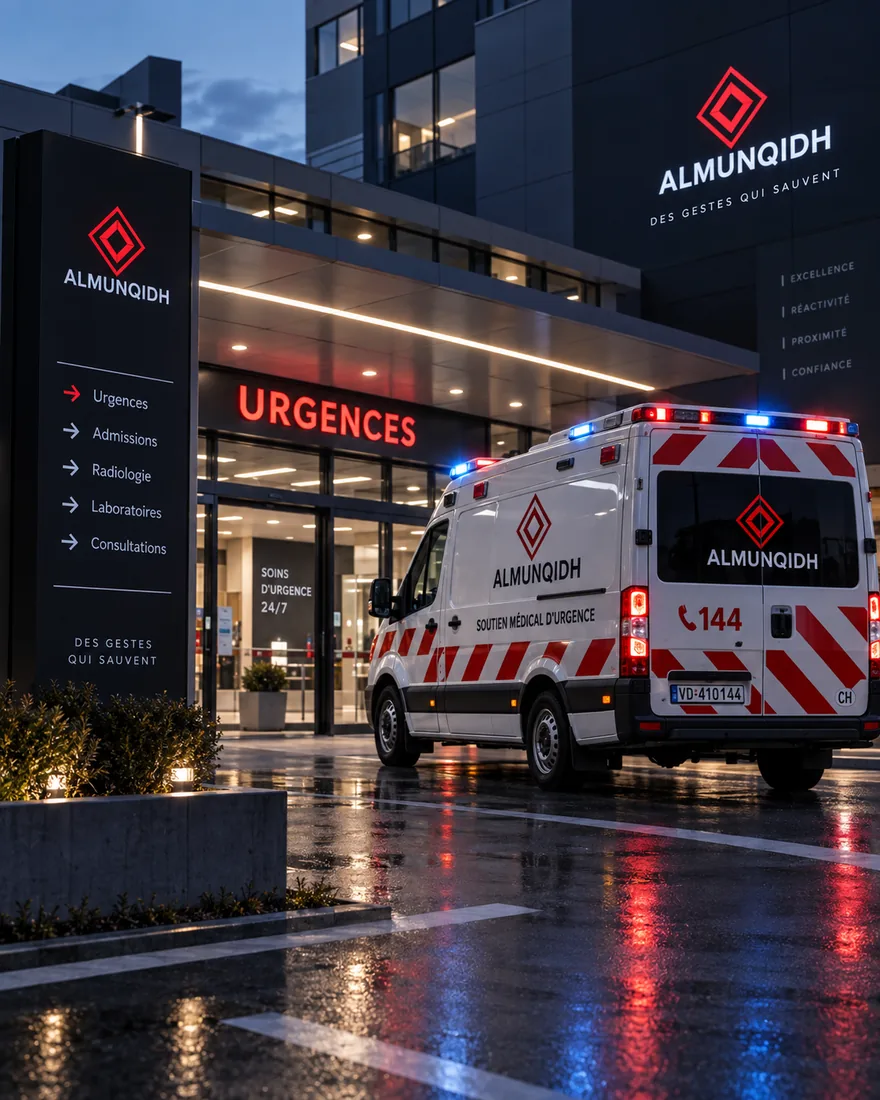 Ambulance garée de nuit devant l'entrée des urgences.