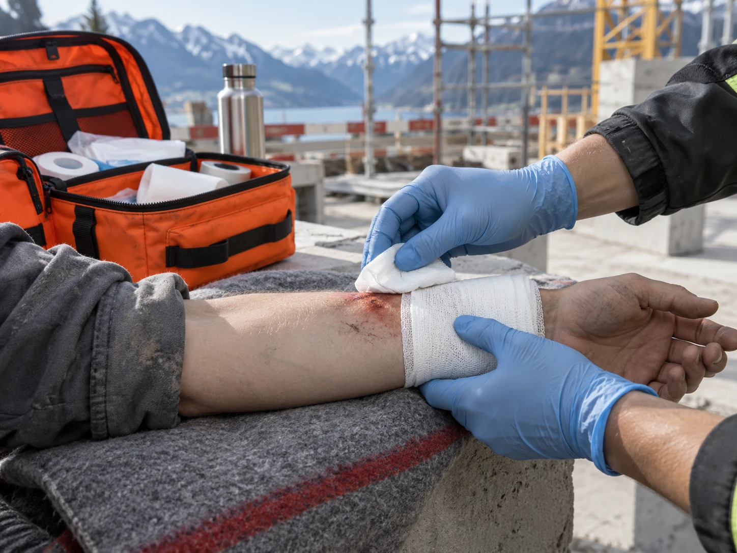 Exercice de secours sur chantier avec plaies grimées et matériel d'immobilisation.